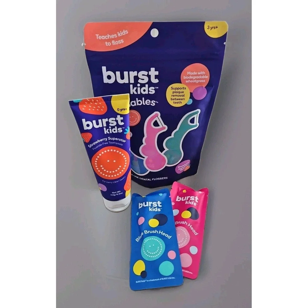 Burst Kids Brush Head Set Of 2, 90 Flossables And Strawberry Toothpaste
